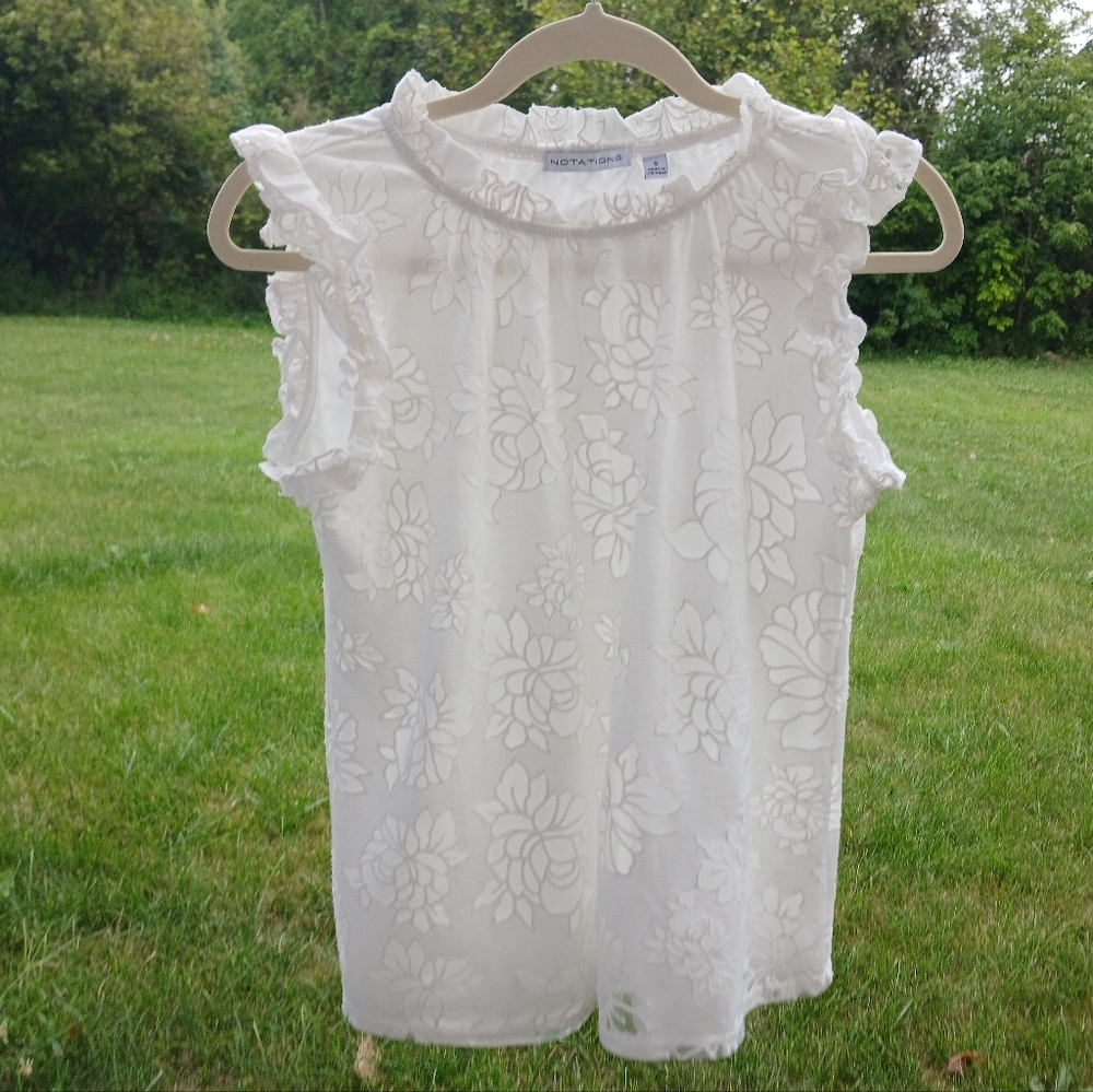 Gorgeous Burnout Sleeveless Blouse Delicate Ruffle Detailing White Top Small